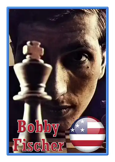 Trading card of Bobby Fischer close up staring at a King in the foreground.