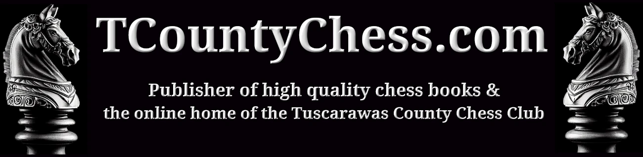 TCountyChess.com Logo with 2 artisan carved Knight pieces facing towards the center with a text logo inside.  TCountyChess.com is the publisher of high quality chess books and the online home of the Tuscarawas County Chess Club.